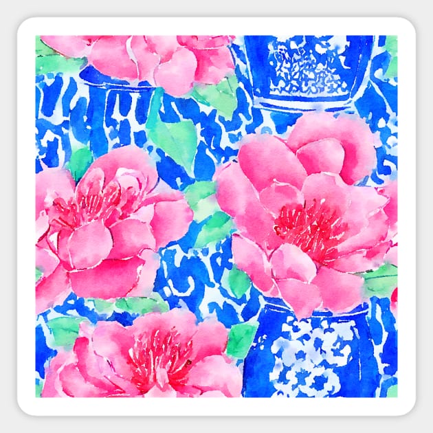 Chinoiserie and peonies on blue background watercolor Sticker by SophieClimaArt